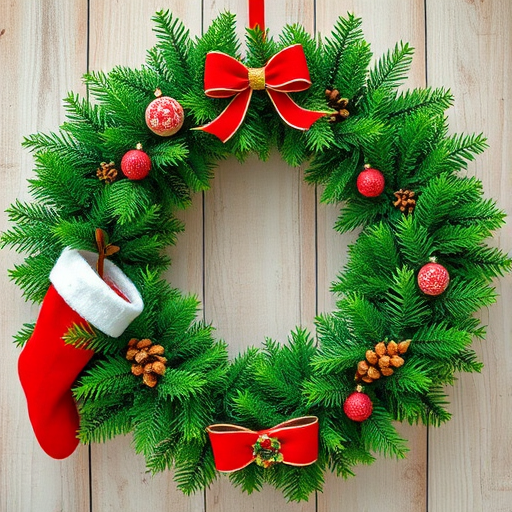 Create a vibrant Christmas-themed wreath featuring green foliage and red stockings with white trim, using a high-resolution camera at f/5.6, ISO 200, 50mm lens, and a top-down view to emphasize details and colors.