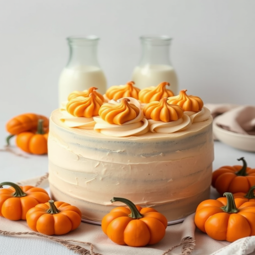 Create an image of a beautifully decorated cake with a creamy beige frosting topped with swirls of buttercream in a light color and orange pumpkin-shaped decorations. Surround the cake with several small orange pumpkins and a couple of glass bottles of milk in the background. The setting should feel cozy and autumnal, with a neutral backdrop to highlight the cake and decorations.