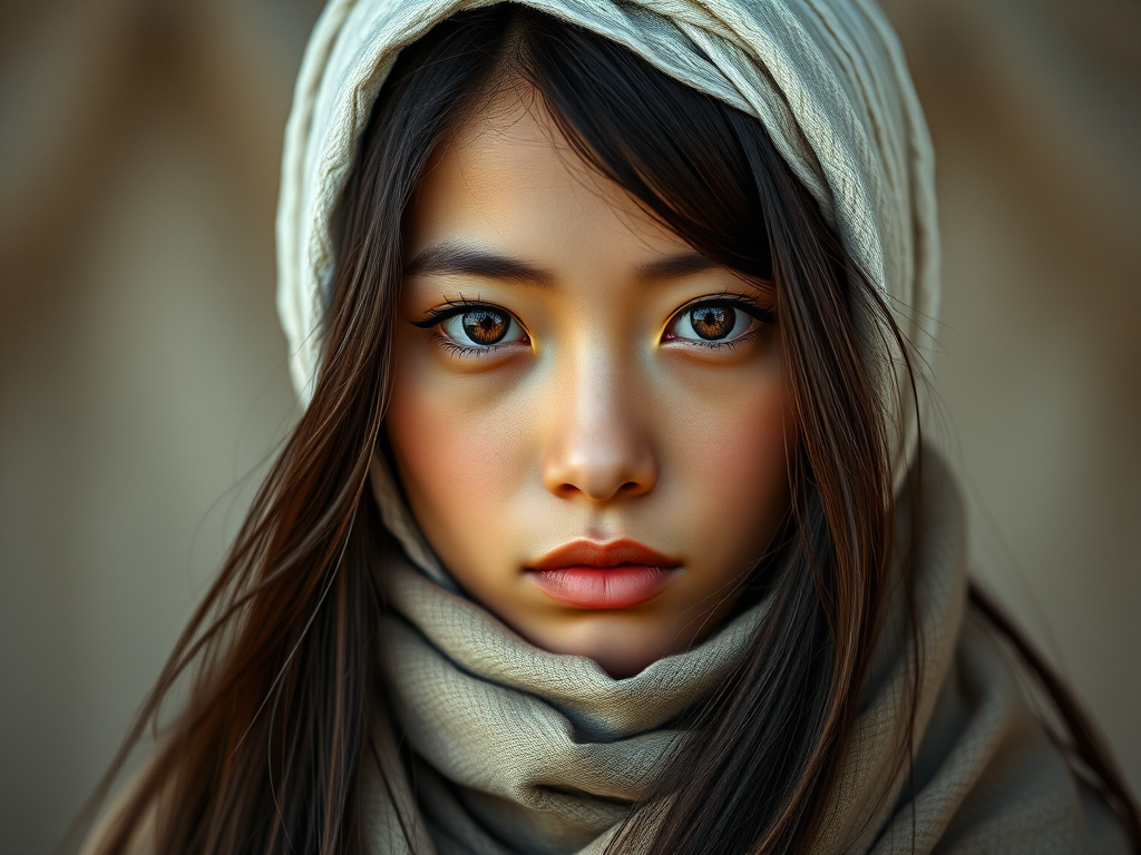 Create a portrait of a young Mongolian woman with long, dark hair and captivating hazel eyes. She is wearing a white headscarf and a matching scarf draped gracefully around her neck. The background is softly blurred, focusing attention on her serene and natural expression. The overall color palette is muted and warm, enhancing the intimate and authentic feel of the portrait.