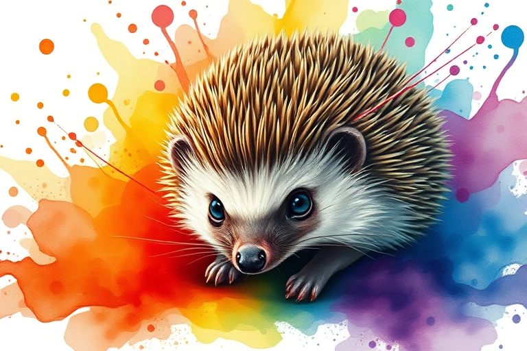 Create a high-resolution illustration of a hedgehog surrounded by vibrant splashes of color in a watercolor style, captured with a Canon EOS 5D Mark IV, 85mm lens, f/1.8 aperture, ISO 100, and in natural light to enhance details and texture.