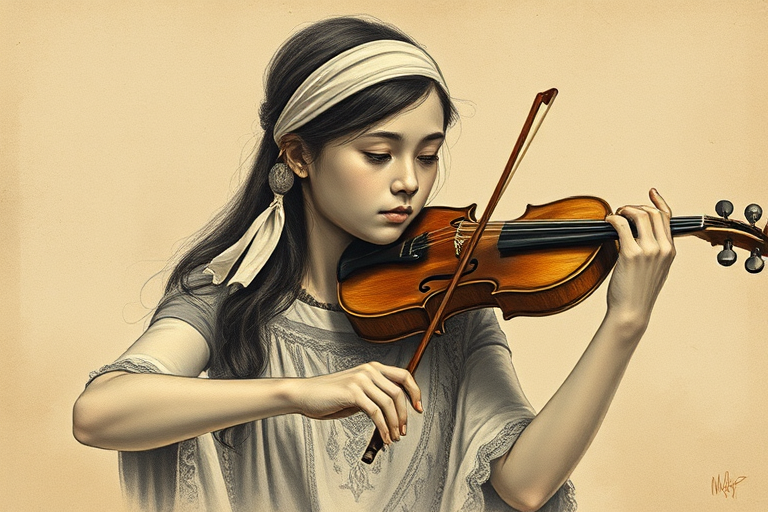 a young M'tis woman with a white headband playing a violin, in the style of a charcoal drawing, sepia grunge background