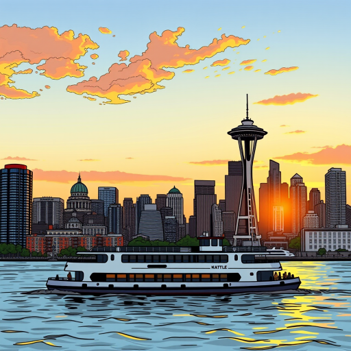 Regenerate a detailed urban illustration of the Seattle skyline featuring the Space Needle and a ferry on the water during sunset, using a digital drawing style with high contrast; camera settings: ISO 100, aperture f/8, shutter speed 1/125s, view: wide angle, style: vector art, camera type: digital illustration.