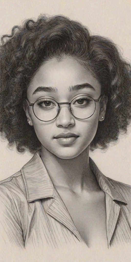 Exquisite Amandla Stenberg, pencil sketch, portrait of Lovely woman 1970s in glasses, hair style beatnik, outline, clear lines, fine lines, 8k