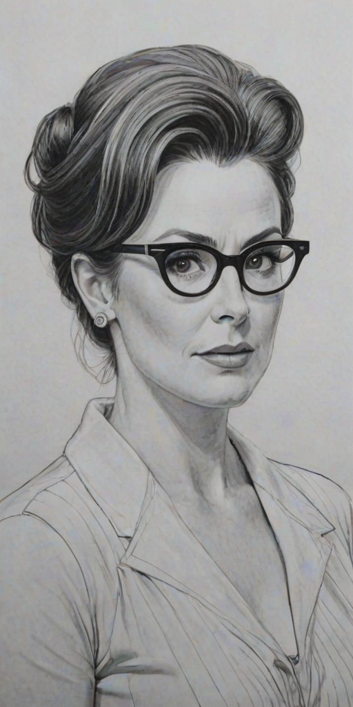 Enchanting Megan Mullally, pencil sketch, portrait of Magnificent woman 1957s in glasses, hair style beatnik, outline, clear lines, fine lines, 8k