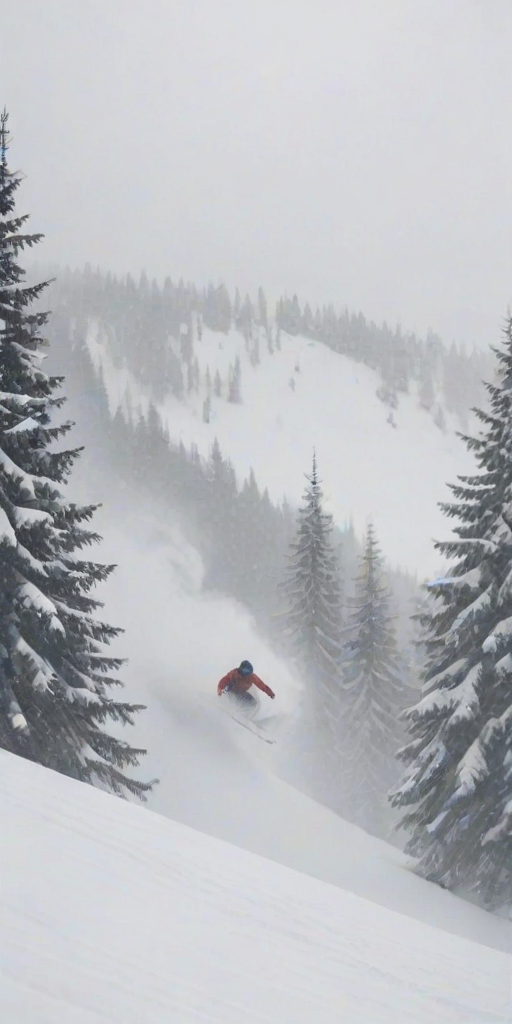 Blurry action shot of a snowboarder carving down a snowy mountain slope, soft focus on the surrounding snow-covered trees, with distant mountains barely visible through the fog.