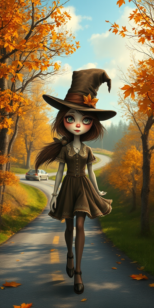 digital art fantasy depicting a strange girl with brown hair, long eyelashes, white lipstick and a tall hat walking along a winding road on an autumn afternoon, an Finch smiles as she passes