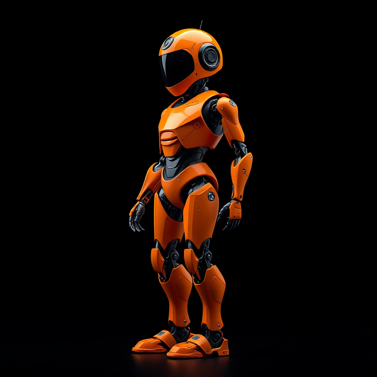 Create an image of a futuristic orange robot with a sleek design, standing upright against a solid black background, captured with a DSLR camera at f/2.8, ISO 100, 50mm lens, in high dynamic range style, using a three-point lighting setup to enhance details and shadows.