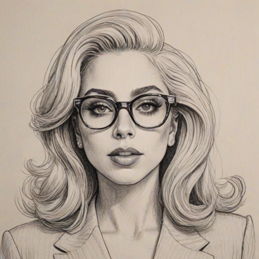Magnificent Lady Gaga, pencil sketch, portrait of Attractive woman 1942s in glasses, hair style beatnik, outline, clear lines, fine lines, 8k