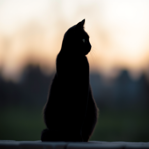 Create a high-resolution black silhouette of a cat sitting upright, captured in a soft-focus background with a shallow depth of field, 50mm lens, aperture f/1.8, ISO 100, at dusk lighting conditions.