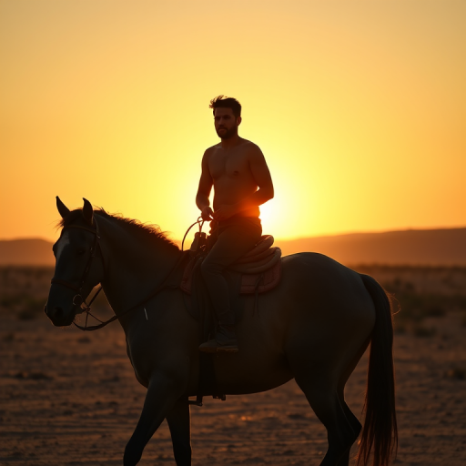 Capture a silhouette of a shirtless rider on a gray horse against a fading sunset in a desert scene, using a 50mm lens, f/1.8 aperture, ISO 200, shooting from a low angle to accentuate the horse's movement, in a DSLR format.