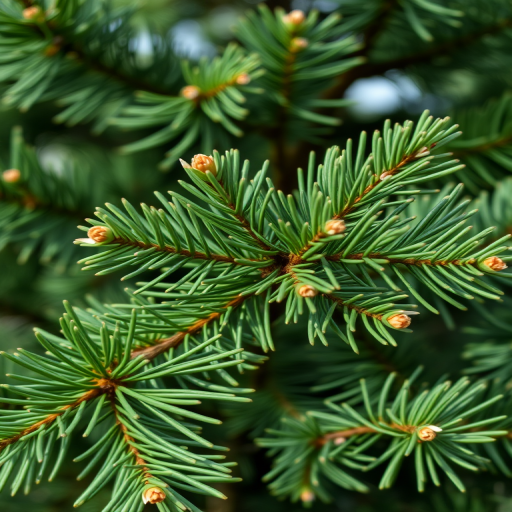 create a detailed illustration of a green pine tree with white accents on the branches, focusing on a close-up view, using a DSLR camera with a 50mm lens, aperture set to f/2.8, ISO 100, in natural lighting to enhance the image quality and depth of field