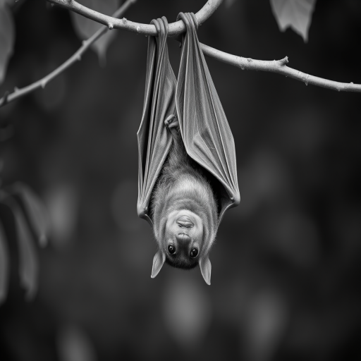 Generate a high-resolution monochrome image of a bat hanging upside down from a branch, using a 50mm lens at f/1.8, ISO 200, shutter speed 1/125s, shot from a low angle to enhance details, employing a DSLR camera in natural light for optimal contrast and texture.