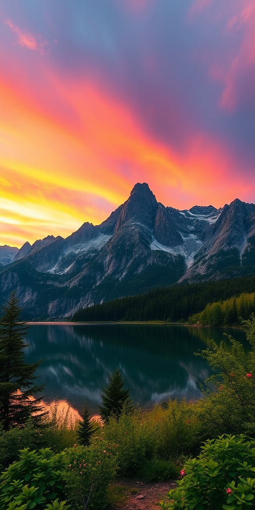 Create a high-resolution image of a peaceful mountain landscape during sunrise, with vibrant colors in the sky, clear reflections in a lake, and lush greenery in the foreground, captured with a DSLR camera at f/11, shutter speed 1/125s, ISO 100, wide-angle view.