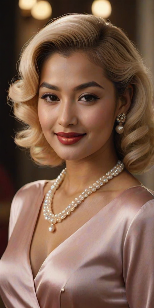 A beautiful Nepali woman reminiscent of 1950s Hollywood glamour, with perfectly styled blonde hair and a seductive smile, dressed in a satin blouse and adorned with pearls, soft and warm tones, photorealistic, 8K