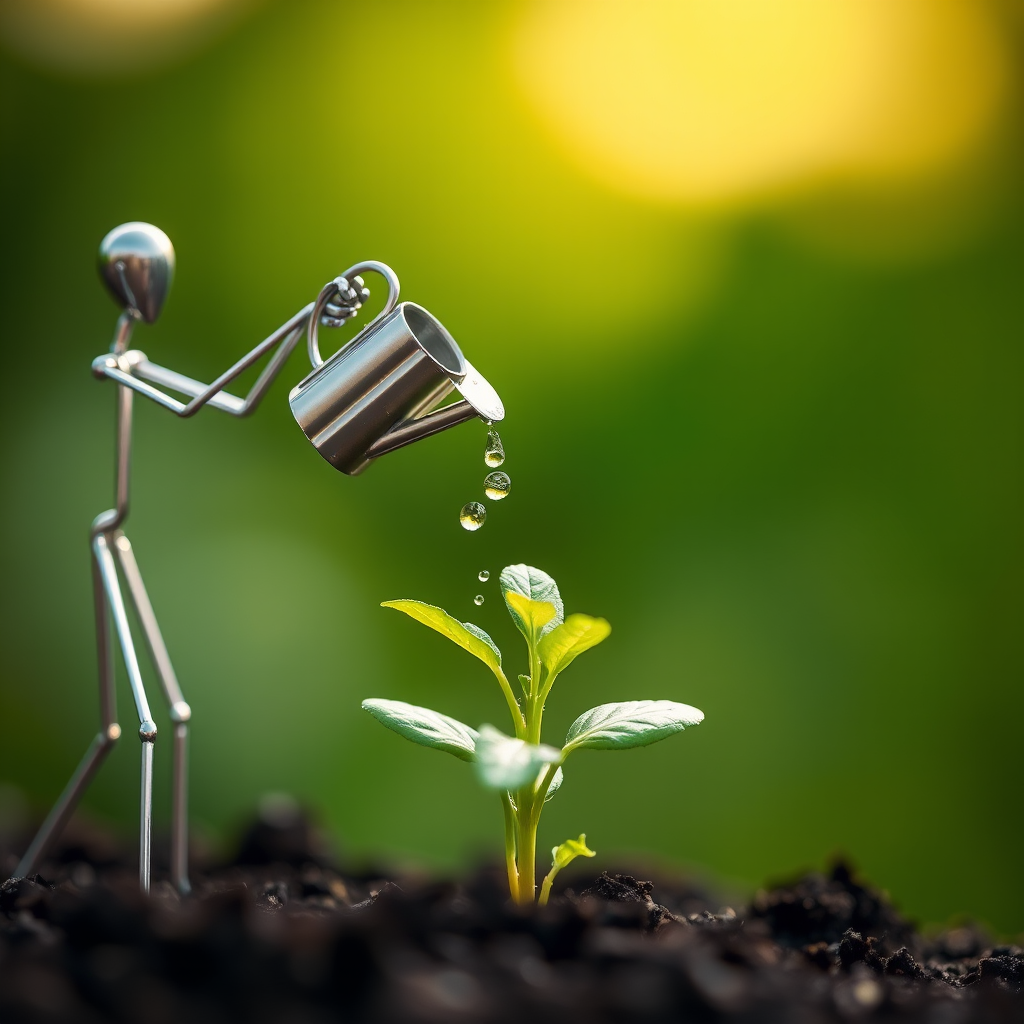 A metal figurine of a person, constructed from thin, silver rods, stands on the left side of the image, facing the viewer. The figurine is holding a small watering can and pouring water onto a young plant, with a few droplets in the air. The plant, with lush green leaves, is situated in the center, growing from dark soil. The background is a soft, out-of-focus blur of green, illuminated by warm, natural light. The composition creates a sense of depth and intimacy. The image evokes feelings of growth, nurture, and hope.