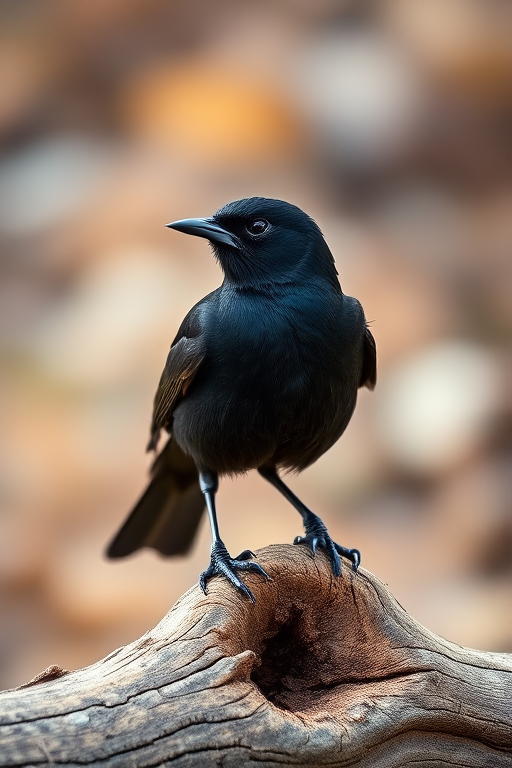 A close-up of a blackbird perched on a log with a blurred earthy background, using a 50mm lens, aperture f/2.8, shutter speed 1/200s, ISO 100, shot in natural light with a shallow depth of field and bokeh effect.