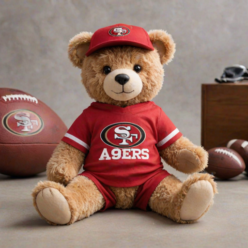 A cute and fluffy teddy bear dressed in a San Francisco 49ers-themed outfit, wearing a red cap with the 49ers logo, aviator sunglasses, and a white football jersey with red accents. The bear is also wearing casual jeans and red and white sneakers, while sitting in a relaxed pose with a football beside it. The teddy bear has a cool, laid-back attitude, with a sporty vibe. The background is clean and minimal, highlighting the bear as the main focus.