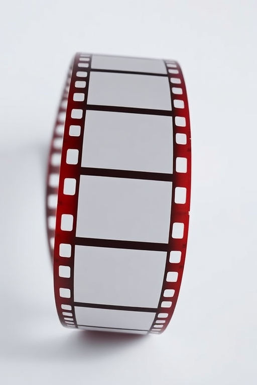 Create a high-resolution image of a curved film strip with five empty frames, captured with a DSLR camera at f/2.8 aperture, ISO 100, 50mm lens, side view, in a soft-focus cinematic style.