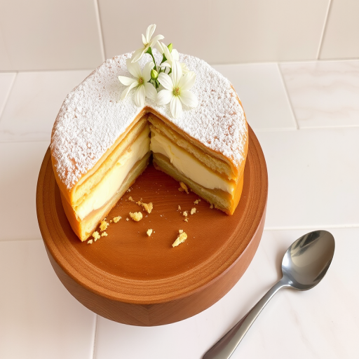 A beautifully presented cream-filled pastry cake on a wooden cake stand with a silver serving spoon beside it. The cake has a golden-brown flaky crust, dusted with powdered sugar, and a creamy filling visible in the sliced portion. Delicate white flowers are arranged on top for decoration, set against a light-colored tiled background.