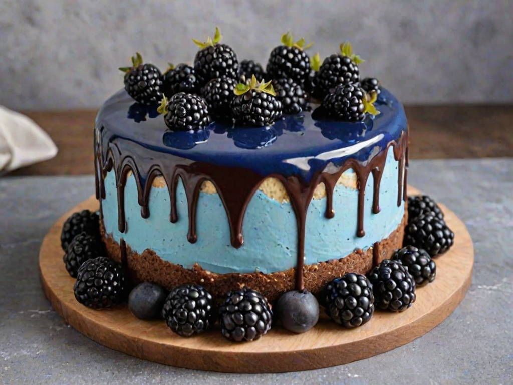 Create an image of a round cake with a smooth blue frosting and a glossy white chocolate drip around the top edge. The cake is decorated with a ring of fresh blackberries and blueberries, along with chocolate sandwich cookies placed strategically around the top. The cake is presented on a simple wooden cake stand.