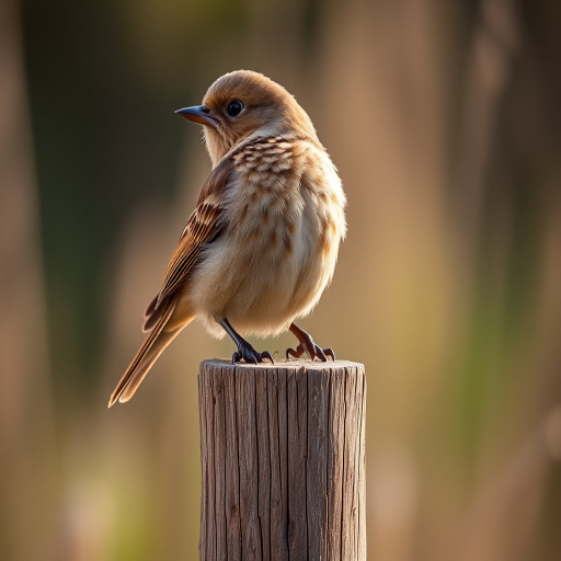 regenerate an image of a brown bird perched on a wooden post in a natural setting, using a Canon EOS 5D Mark IV, 300mm lens, f/4 aperture, ISO 100, 1/800 sec shutter speed, with a shallow depth of field and soft bokeh background to enhance details and textures.