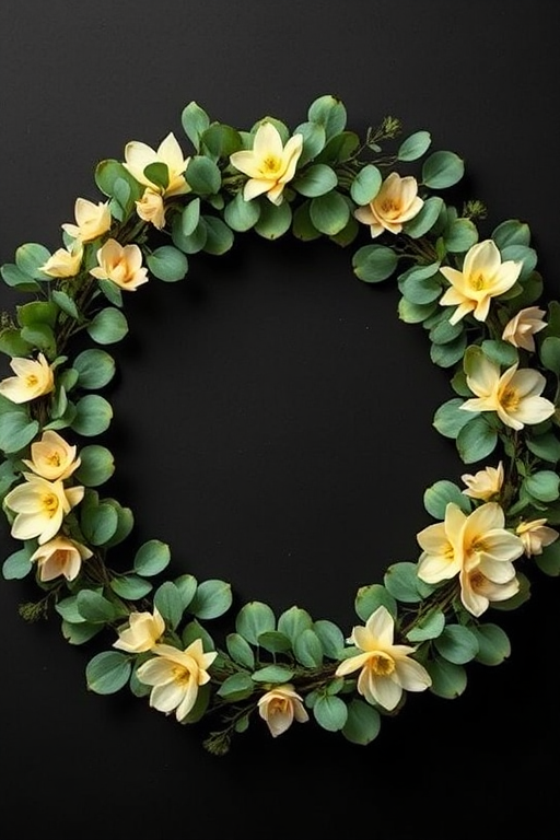 create a circular floral arrangement featuring a wreath of green eucalyptus leaves and cream-colored flowers on a black background, shot with a DSLR camera at f/2.8 aperture, 50mm lens, ISO 100, natural light, centered composition, high resolution