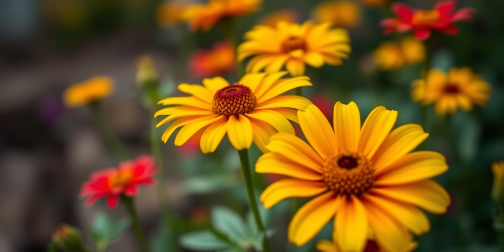 macro shot of vibrant yellow and red flowers in a garden with a blurred background, aperture f/2.8, shutter speed 1/200s, ISO 100, 50mm lens, DSLR camera, soft natural lighting