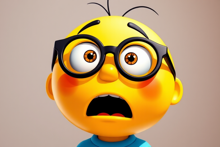 Create a high-resolution illustration of a cartoon character with a round yellow face, large black glasses, and a surprised expression, wearing a blue shirt, in a vibrant and playful style, captured with a DSLR camera at 50mm focal length, f/2.8 aperture, and natural light to enhance colors and contrast.
