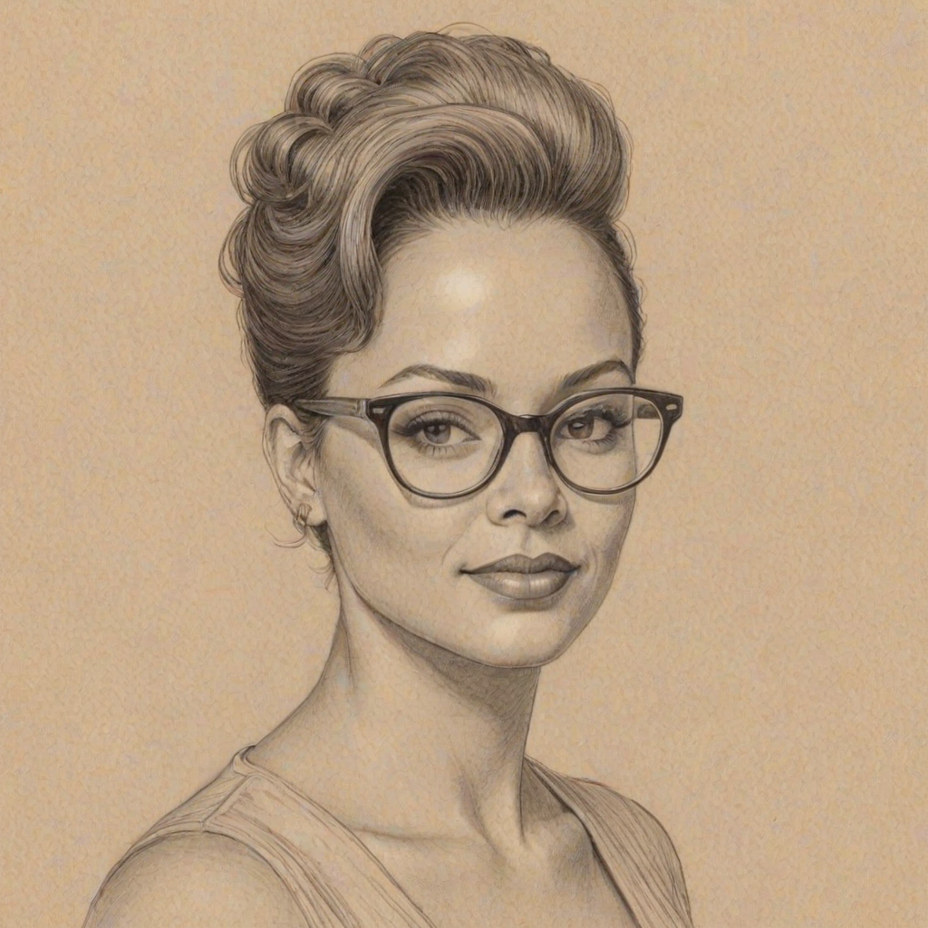 Resplendent Tammy Townsend, pencil sketch, portrait of Wonderful woman 1953s in glasses, hair style beatnik, outline, clear lines, fine lines, 8k