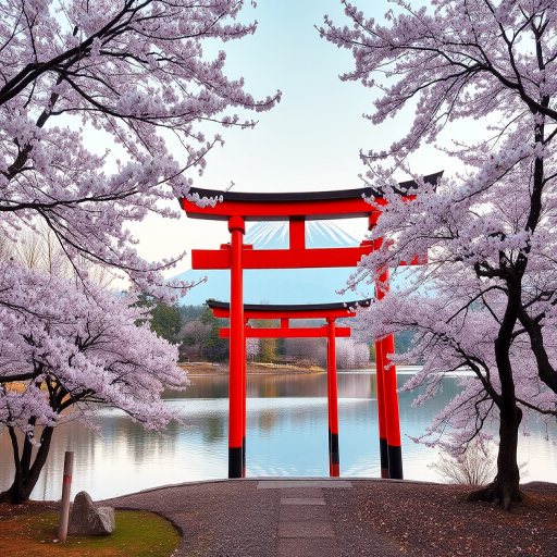 generate a serene landscape featuring a traditional Japanese torii gate near a tranquil lake with Mount Fuji in the background, surrounded by cherry blossom trees in full bloom, soft pastel colors, early morning light, ISO 100, f/8 aperture, 50mm lens, HDR style, high-resolution photograph
