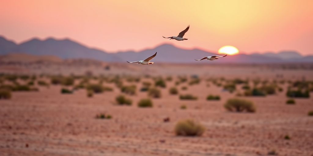 desert landscape at sunset with soft pastel colors, three birds in flight, shallow depth of field, Canon EOS 5D Mark IV, 50mm lens, aperture f/1.8, ISO 100, 1/200s, warm tones, serene atmosphere, high-resolution quality