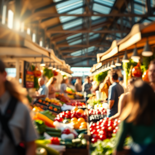 Blurry candid shot of a lively farmer's market, with vendors displaying fresh produce, soft sunlight illuminating the vibrant colors, and shoppers happily browsing.