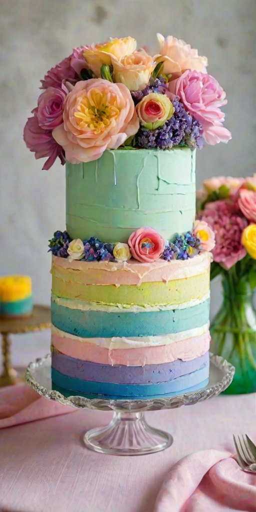 Create an image of a layered cake with multiple pastel colors. The cake should be displayed on a glass cake stand, showcasing its vibrant layers of pink, blue, green, yellow, and lavender. Include a slice cut out to reveal the colorful interior. Add a soft, elegant setting with a light pink tablecloth and a vase of white flowers in the background.