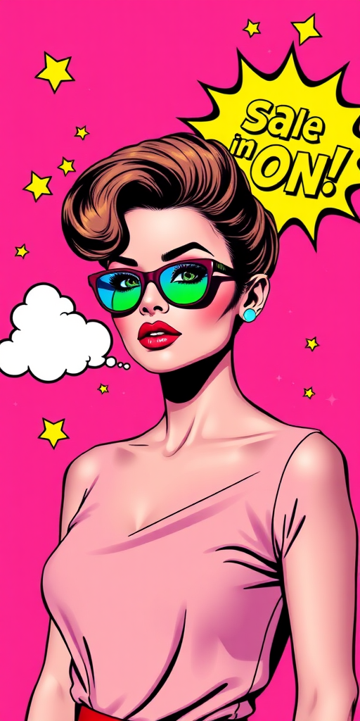 Create a vibrant pop art illustration of a stylish woman with bold makeup and a retro hairstyle standing against a bright pink background featuring comic-style elements like stars, clouds, and an explosive speech bubble saying "SALE IS ON!" Use a Canon EOS R5 with a 50mm f/1.2 lens, aperture at f/4, ISO 100, and a shallow depth of field to enhance the colors and details.