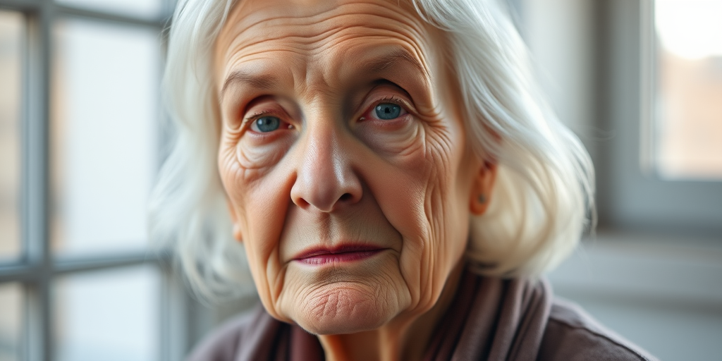 Create a hyper-realistic portrait of an elderly woman with white hair, capturing detailed facial features and expressions, using a Canon EOS R5 with a 50mm f/1.2 lens, ISO 100, aperture set to f/2.8, 1/125 sec shutter speed, soft natural light from a window, shallow depth of field, and a warm color tone.