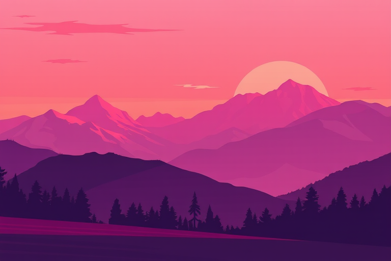 Generate a vibrant landscape illustration featuring stylized mountains in shades of pink and purple with silhouettes of trees, using a DSLR camera with a wide-angle lens, f-stop at f/8, ISO 100, and a sunrise setting for soft lighting.
