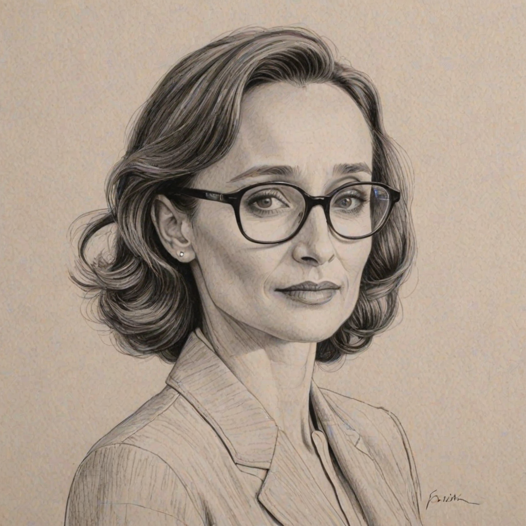 Appealing Kristin Scott Thomas, pencil sketch, portrait of Gorgeous woman 1944s in glasses, hair style beatnik, outline, clear lines, fine lines, 8k