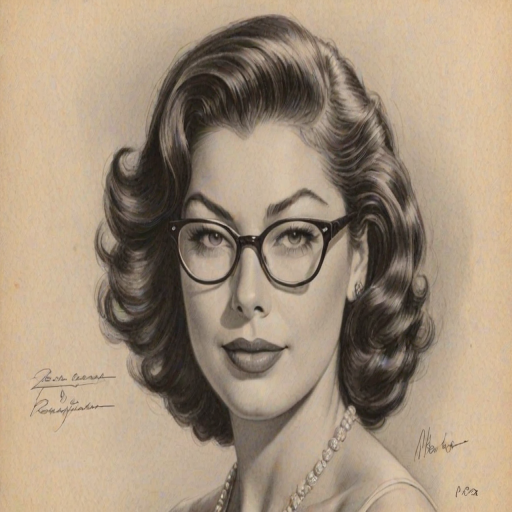Magnificent Ava Gardner, pencil sketch, portrait of Gorgeous woman 1942s in glasses, hair style beatnik, outline, clear lines, fine lines, 8k