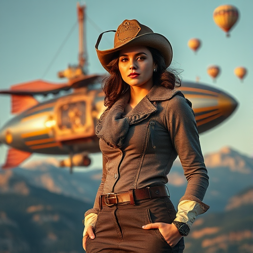 Create a steampunk scene featuring a confident woman in stylish attire, standing in front of an ornate airship and mountains, with hot air balloons in the sky, shot with a DSLR camera at f/2.8, ISO 100, 35mm focal length, in golden hour lighting for enhanced detail and richness.