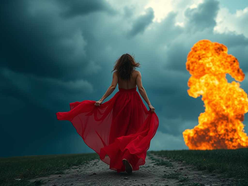 Create a dramatic scene featuring a woman in a flowing red dress walking towards a fiery explosion under a stormy sky, shot with a Canon EOS R5 at f/1.4, ISO 100, 50mm lens, using a cinematic style with high contrast and vivid colors.