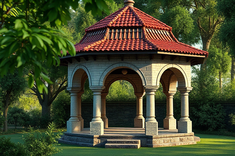 Create a highly detailed 3D rendering of a medieval stone gazebo with a red tile roof, surrounded by lush greenery, captured with a DSLR camera, using a 50mm lens, f/2.8 aperture, ISO 100, with soft, diffused natural lighting from the side for depth.