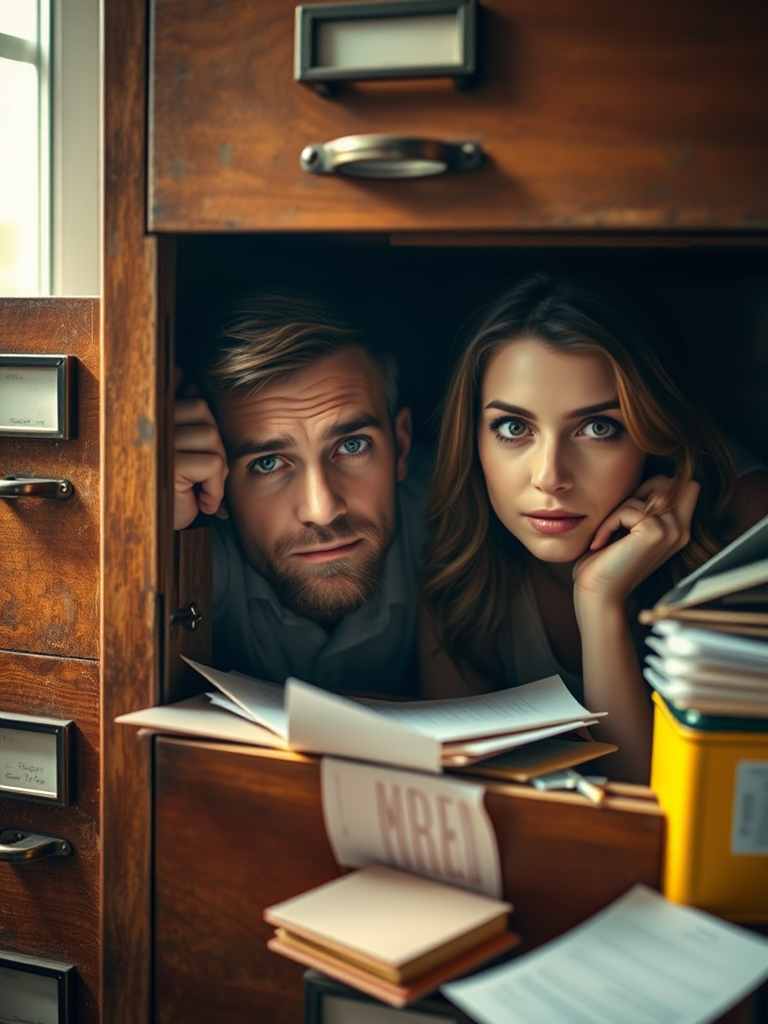 A dramatic scene of a man and woman hidden in a vintage wooden filing cabinet, with papers and office supplies scattered around, using a DSLR camera, 50mm lens, f/1.8 aperture, ISO 200, 1/60 sec shutter speed, soft natural light from a window, focused on expressions for high detail and vibrant colors.