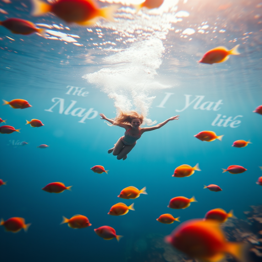 Create an underwater scene featuring a serene figure swimming gracefully among colorful fish, with abstract, flowing text elements in the background, captured with a Canon EOS R5, 50mm f/1.2 lens, at f/2.8, ISO 100, using a shallow depth of field for a dreamy effect.