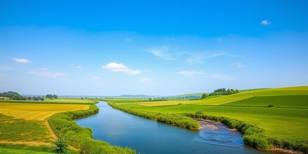Generate a high-quality image of a serene landscape with a clear blue sky, lush green fields, and a calm river flowing through, captured with a Canon EOS R5, 24mm f/1.4 lens, ISO 100, shutter speed 1/100, in natural lighting, wide-angle view.