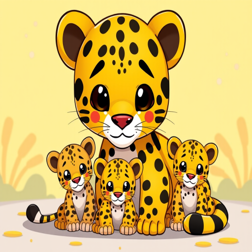 Create a vibrant and playful illustration of a cartoon yellow leopard with large black spots, sitting with two smaller spotted leopard cubs, using a digital drawing style, high resolution 300 DPI, in a front-facing view, with bright, saturated colors and a playful cartoonish background, simulated with a Canon EOS 5D Mark IV, f/2.8 aperture, ISO 100.