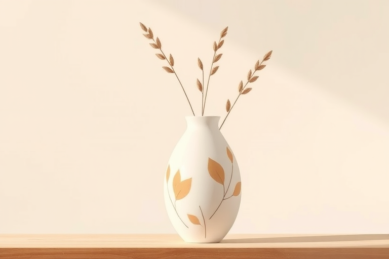 Create a high-resolution digital illustration of a minimalist vase with abstract designs, featuring stylized leaves and grasses, soft earthy color palette, shot with a DSLR camera, 50mm lens, f/2.8 aperture, 1/125s shutter speed, natural light, and a shallow depth of field for enhanced detail and clarity.