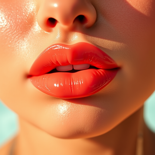 Luscious "Coral Sunrise" lips featuring a glossy peach-tinted hue, perfectly hydrated and subtly lined, capturing the essence of a tropical paradise