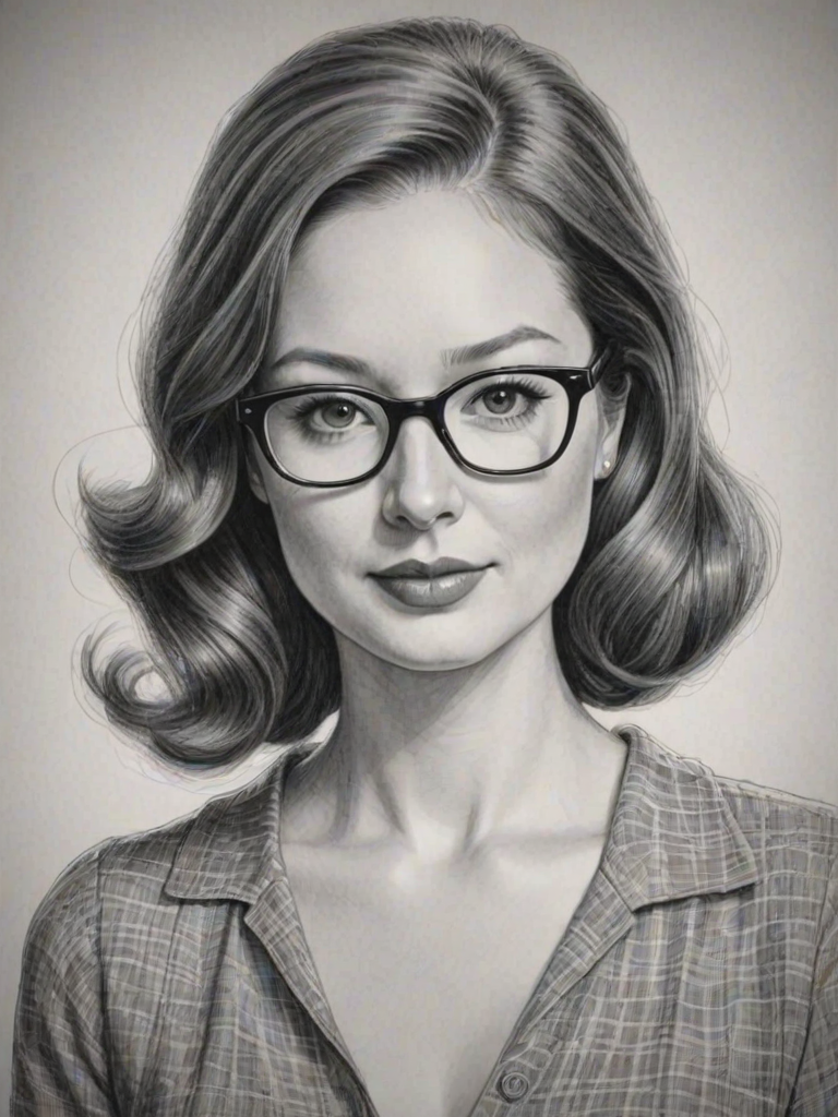 Bewitching Ellie Kemper, pencil sketch, portrait of Alluring woman 1950s in glasses, hair style beatnik, outline, clear lines, fine lines, 8k