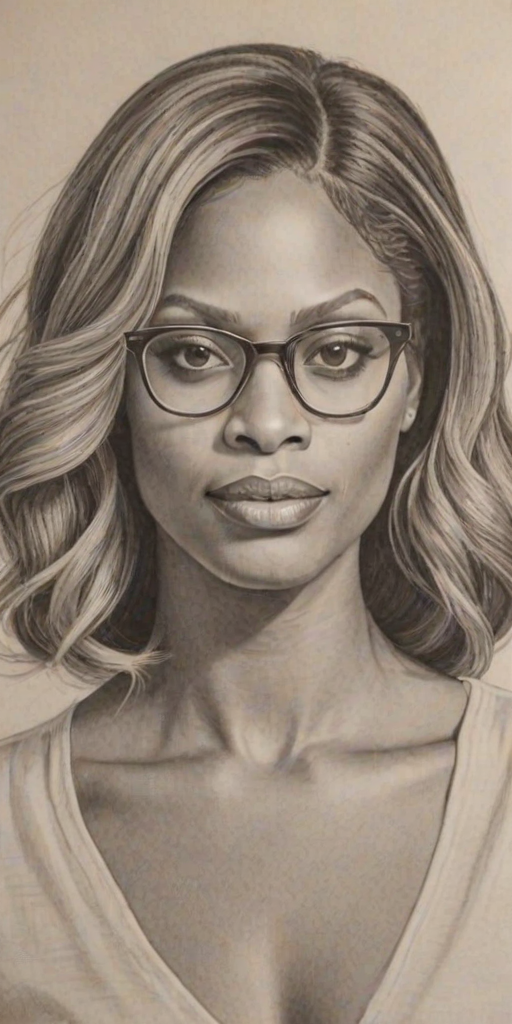 Delightful Laverne Cox, pencil sketch, portrait of Enticing woman 1944s in glasses, hair style beatnik, outline, clear lines, fine lines, 8k