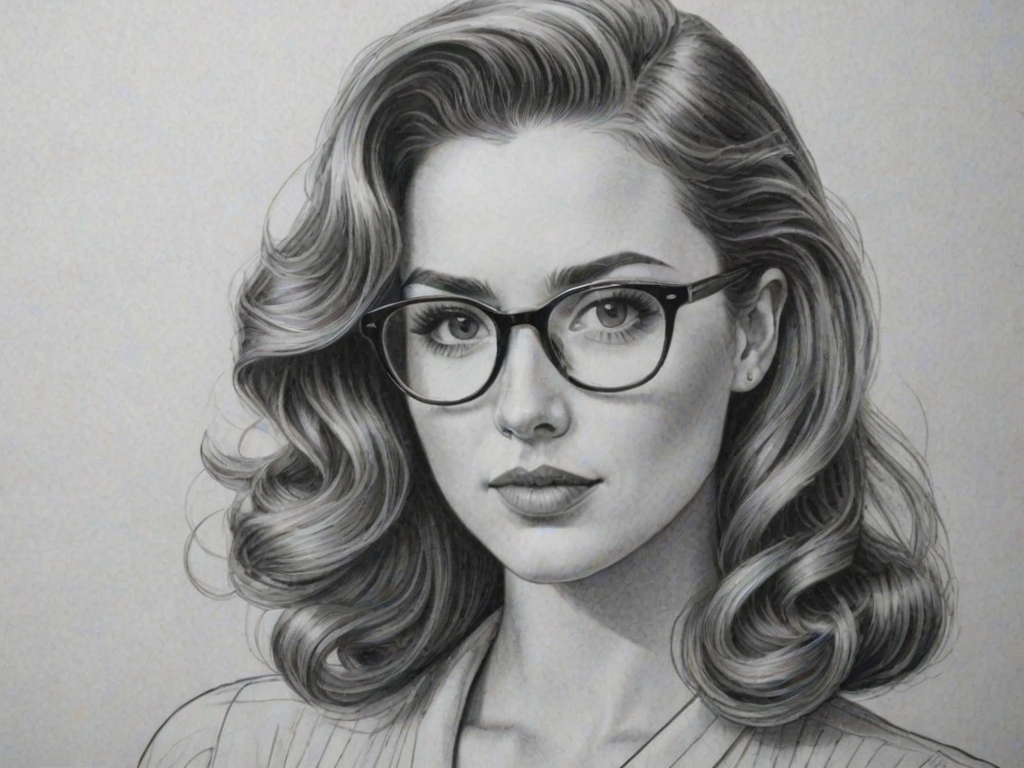 Beauteous Demi Burnett, pencil sketch, portrait of Attractive woman 1939s in glasses, hair style beatnik, outline, clear lines, fine lines, 8k